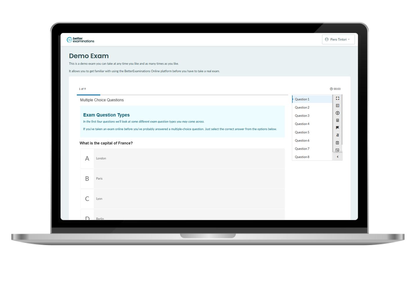 Screenshot of the BetterExaminations platform