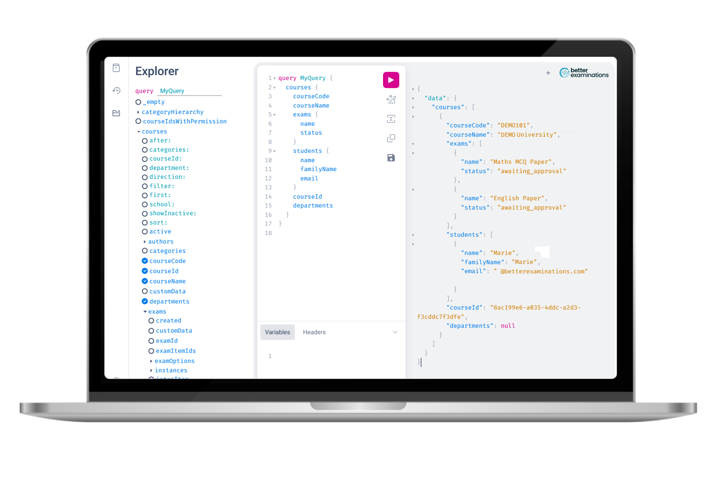 Screenshot of the BetterExaminations API query interface