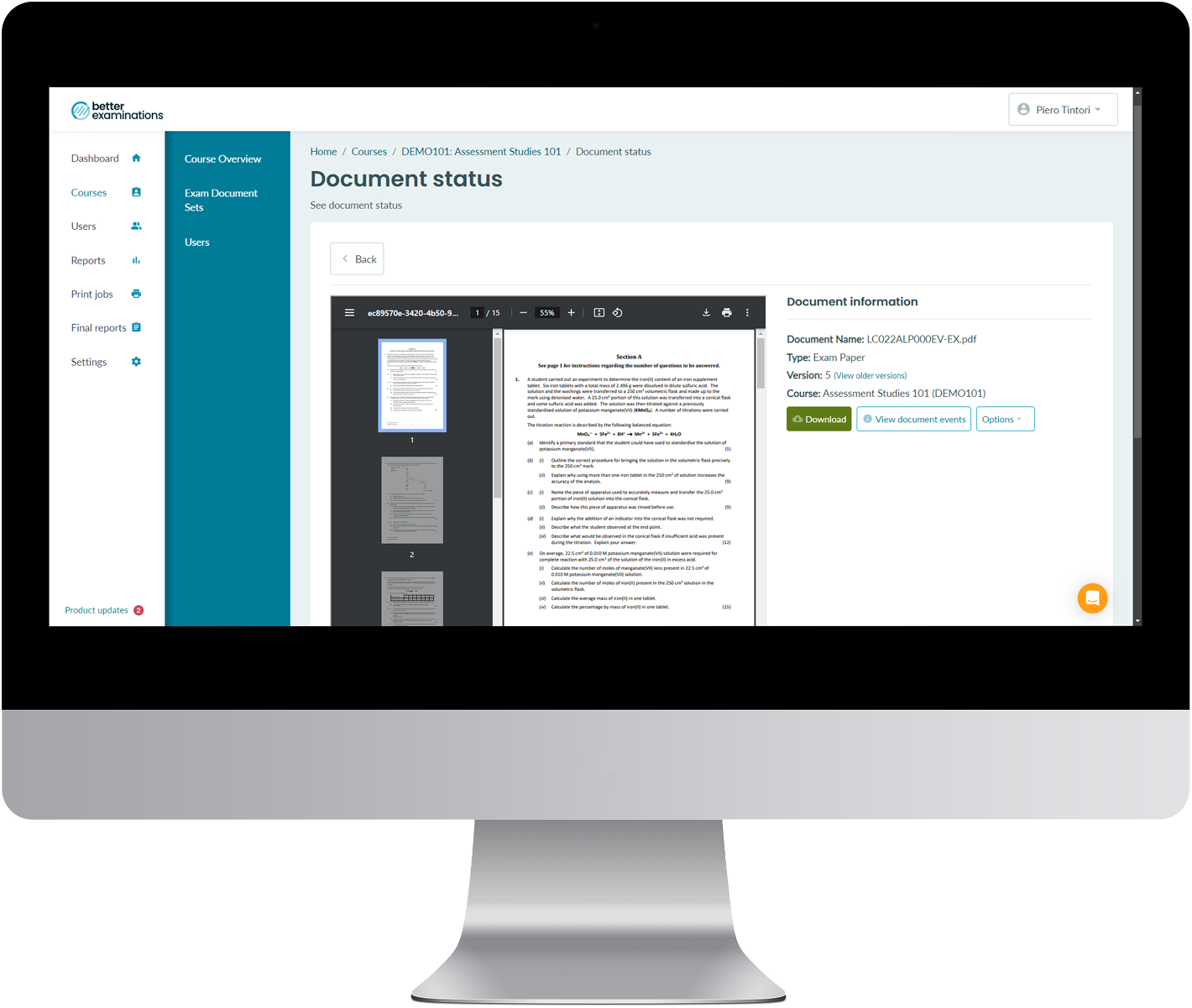 Screenshot of printing/download BetterExaminations